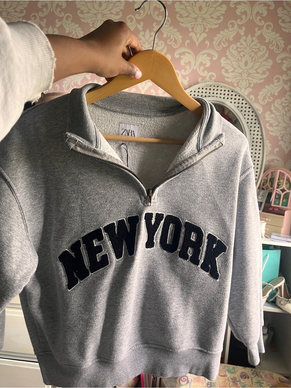 Zara Gray Half-Zip 'New York' Sweatshirt with Navy Applique